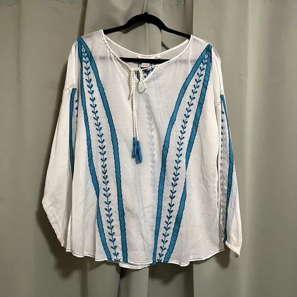 Sundance White and Teal Blue Embroidered Peasant Blouse - Picture 1 of 3